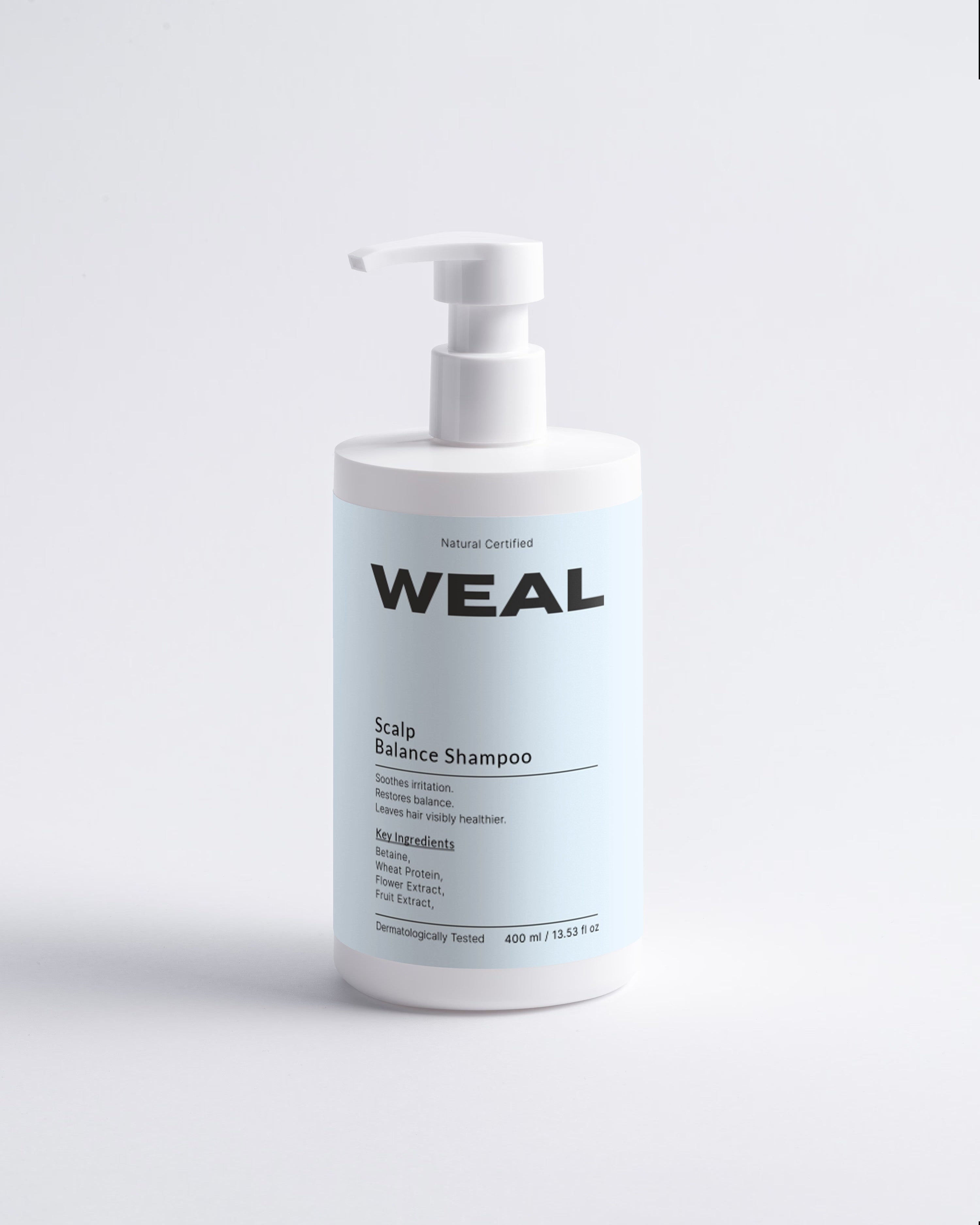 WEAL shampoo bottle on a light gray background